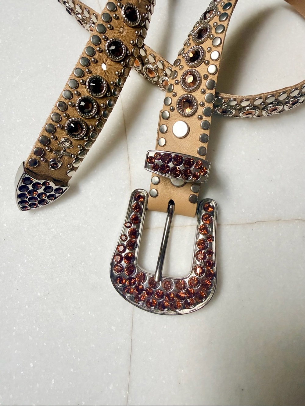 Kippys Tan Leather Belt with Amber Rhinestone Buckle and Studs